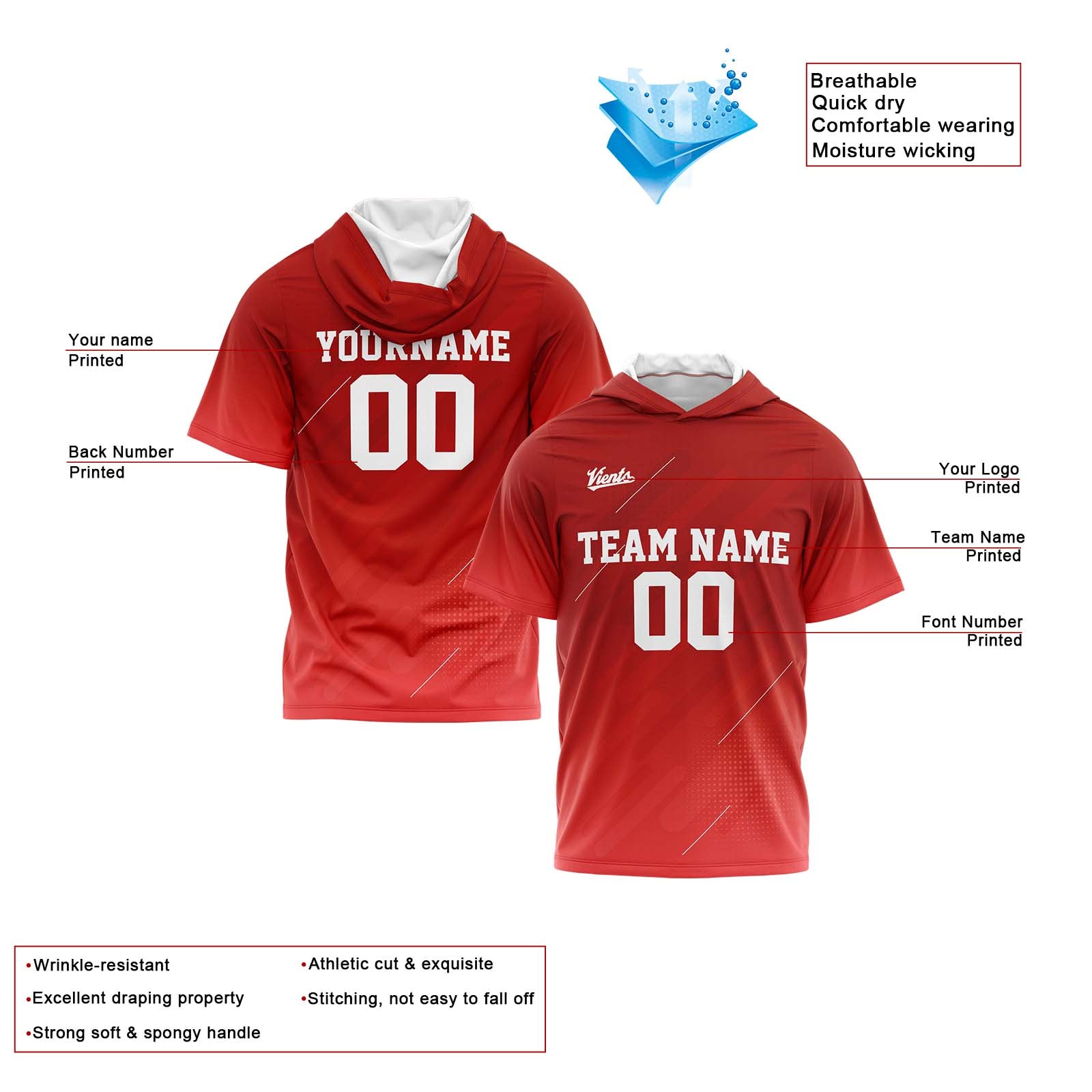 Custom Red Sleeve Hoodies for Men Women Shirts with Hoods Printed Name Logo enthsush