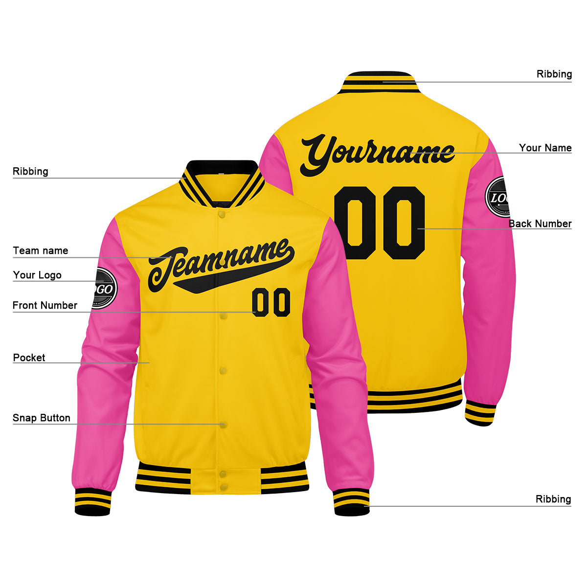 Custom Varsity Jacket Letterman jacket for Men, Women and Youth Yellow Pink Black enthsush