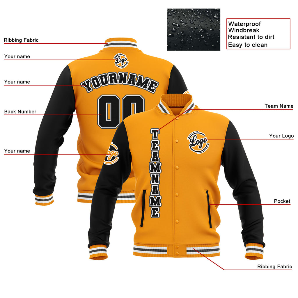 Custom Black Yellow Grey Waterproof Varsity Jackets Personalized Stitched Name Number Logo to Letterman Jackets enthsush