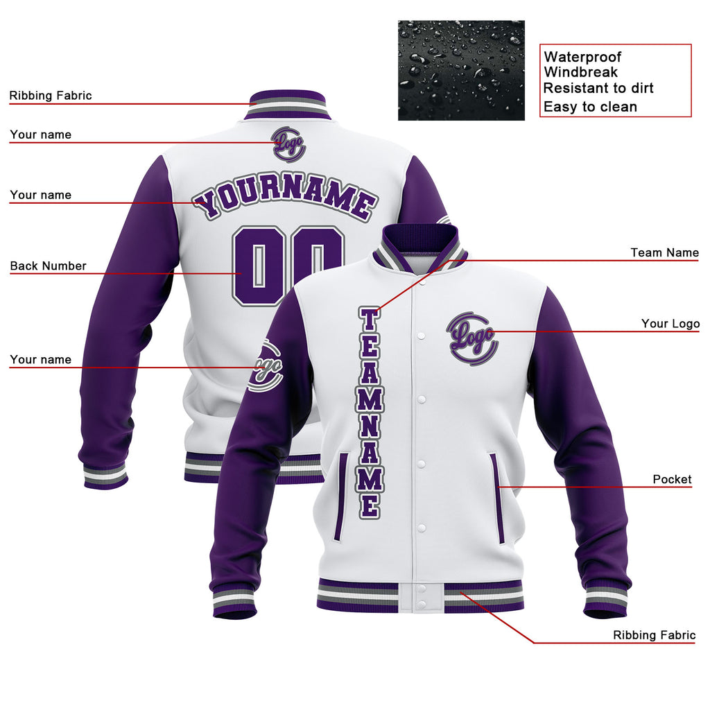 Custom White Purple Grey Waterproof Varsity Jackets Personalized Stitched Name Number Logo to Letterman Jackets enthsush