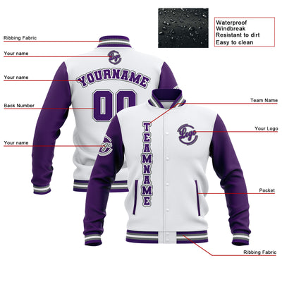 Custom White Purple Grey Waterproof Varsity Jackets Personalized Stitched Name Number Logo to Letterman Jackets enthsush