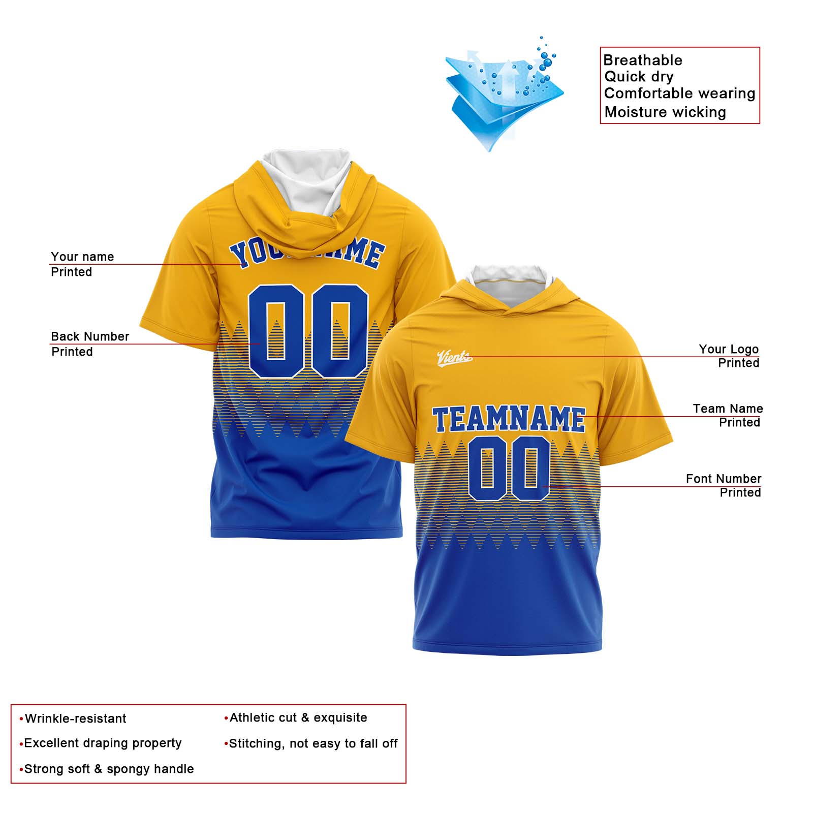 Custom Yellow Blue Short Sleeve Hoodies for Men Women Shirts with Hoods Printed Name Logo enthsush