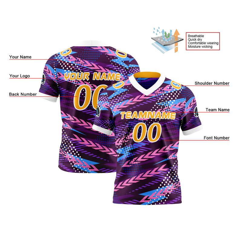 Custom Purple Yellow Reversible Football Jersey Personalized Gradient Football Shirts for Men Printed Team Name Number Logo