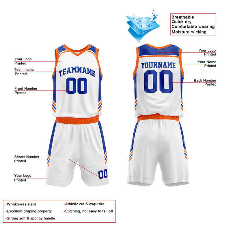 Custom Basketball Jersey Uniform Suit Printed Your Logo Name Number White-Royal-Orange enthsush