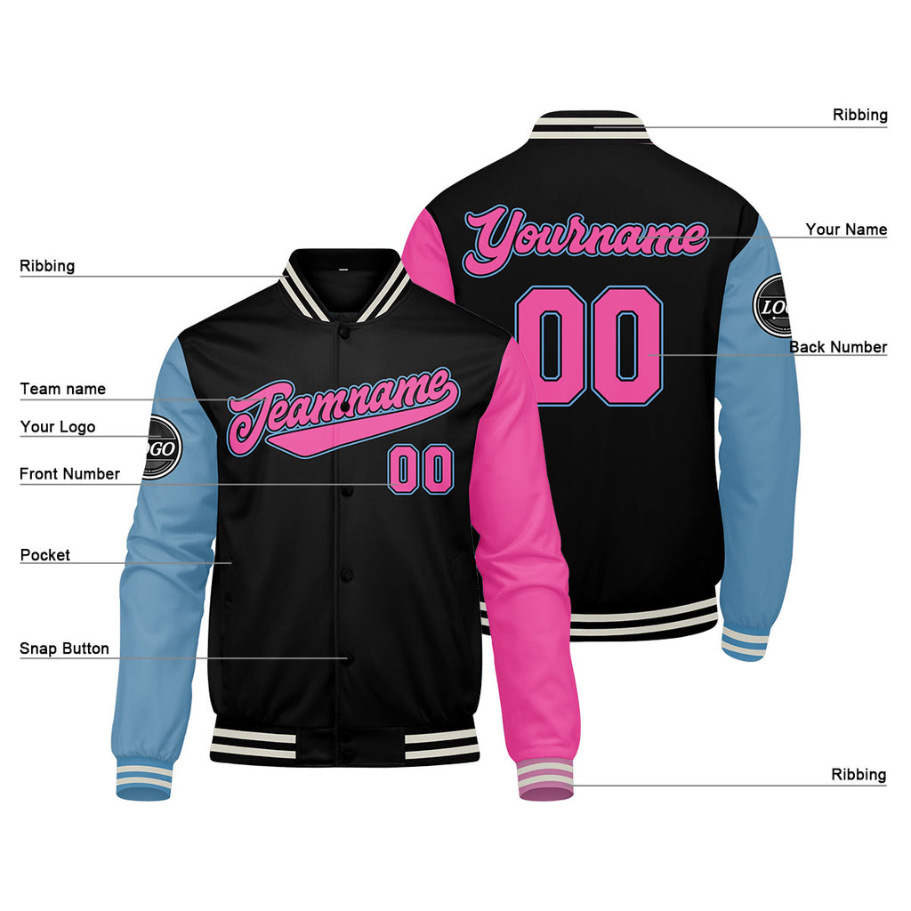 Custom Varsity Jacket Letterman jacket for Men, Women and Youth Black Light Blue Pink enthsush