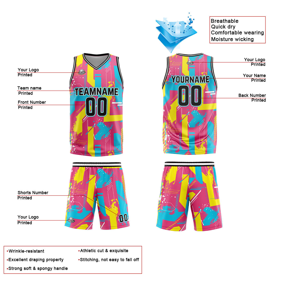 Custom Pink Yellow Reversible Basketball Suit for Adults and Kids Personalized Jersey enthsush