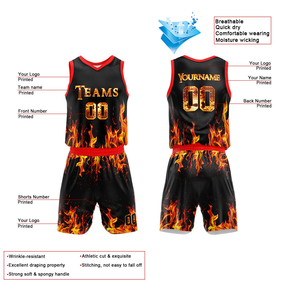 Custom Basketball Jersey Uniform Suit Printed Your Logo Name Number Flame enthsush