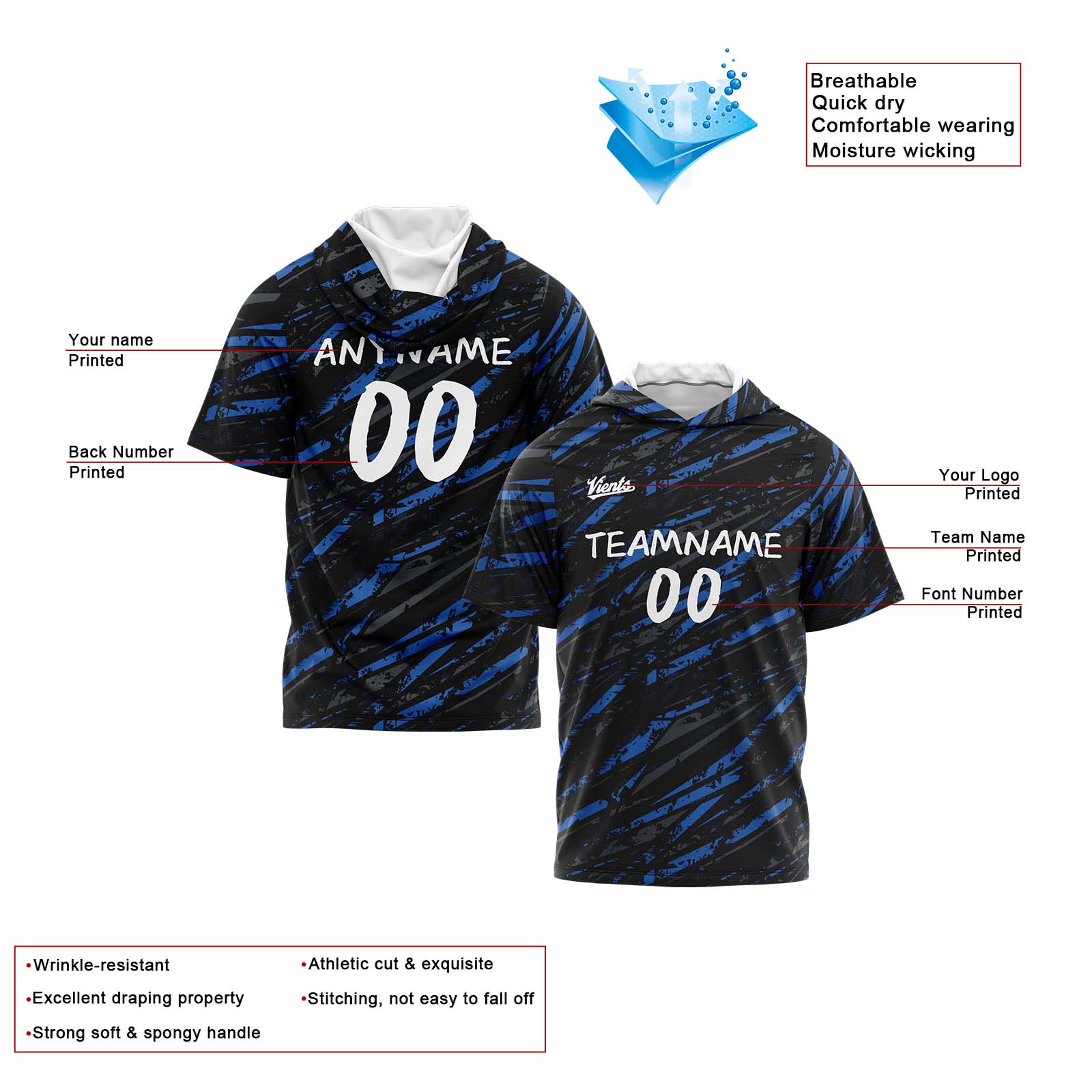 Custom Black Blue Short Sleeve Hoodies for Men Women Shirts with Hoods Printed Name Logo enthsush