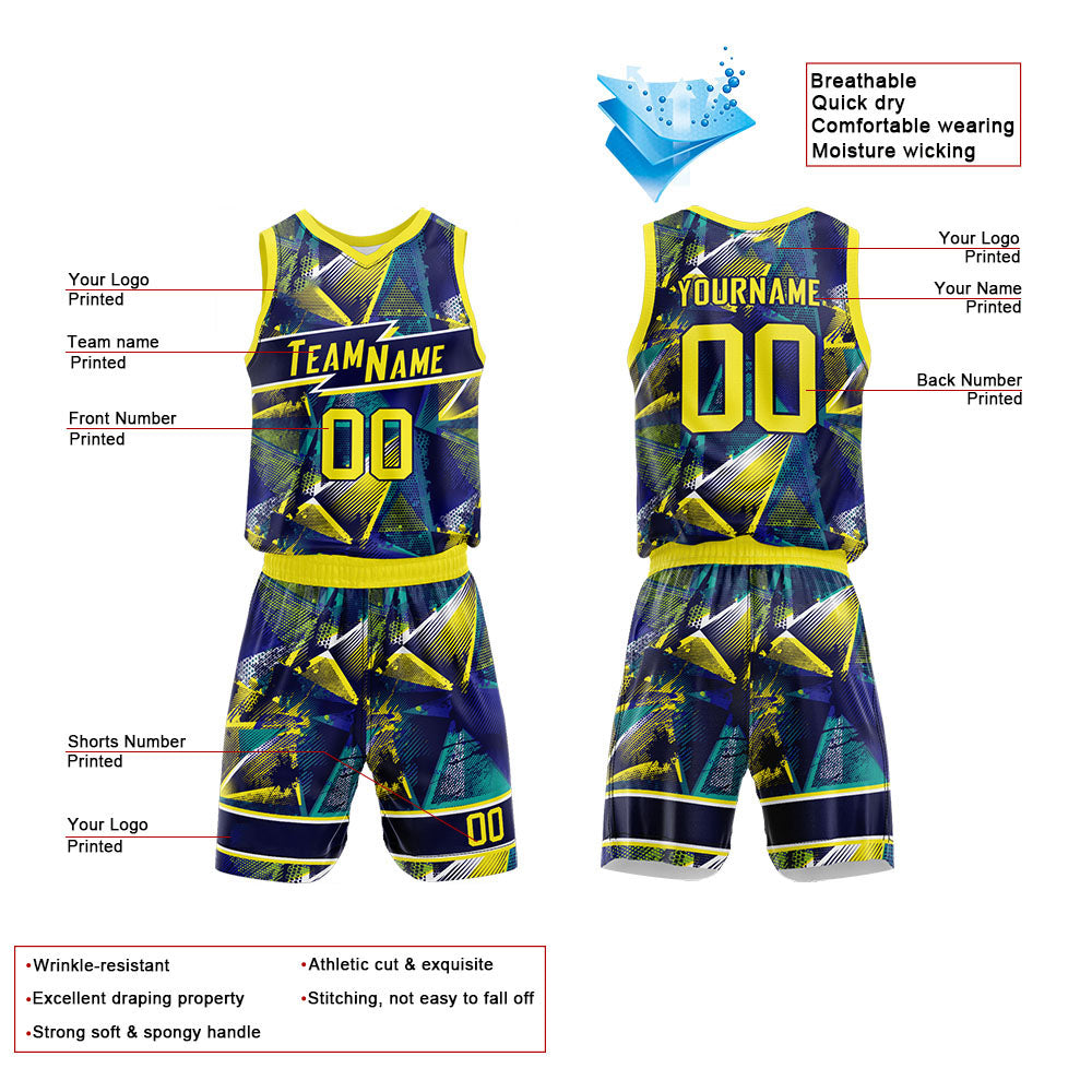 Custom Basketball Jersey Uniform Suit Printed Your Logo Name Number Navy-Yellow enthsush