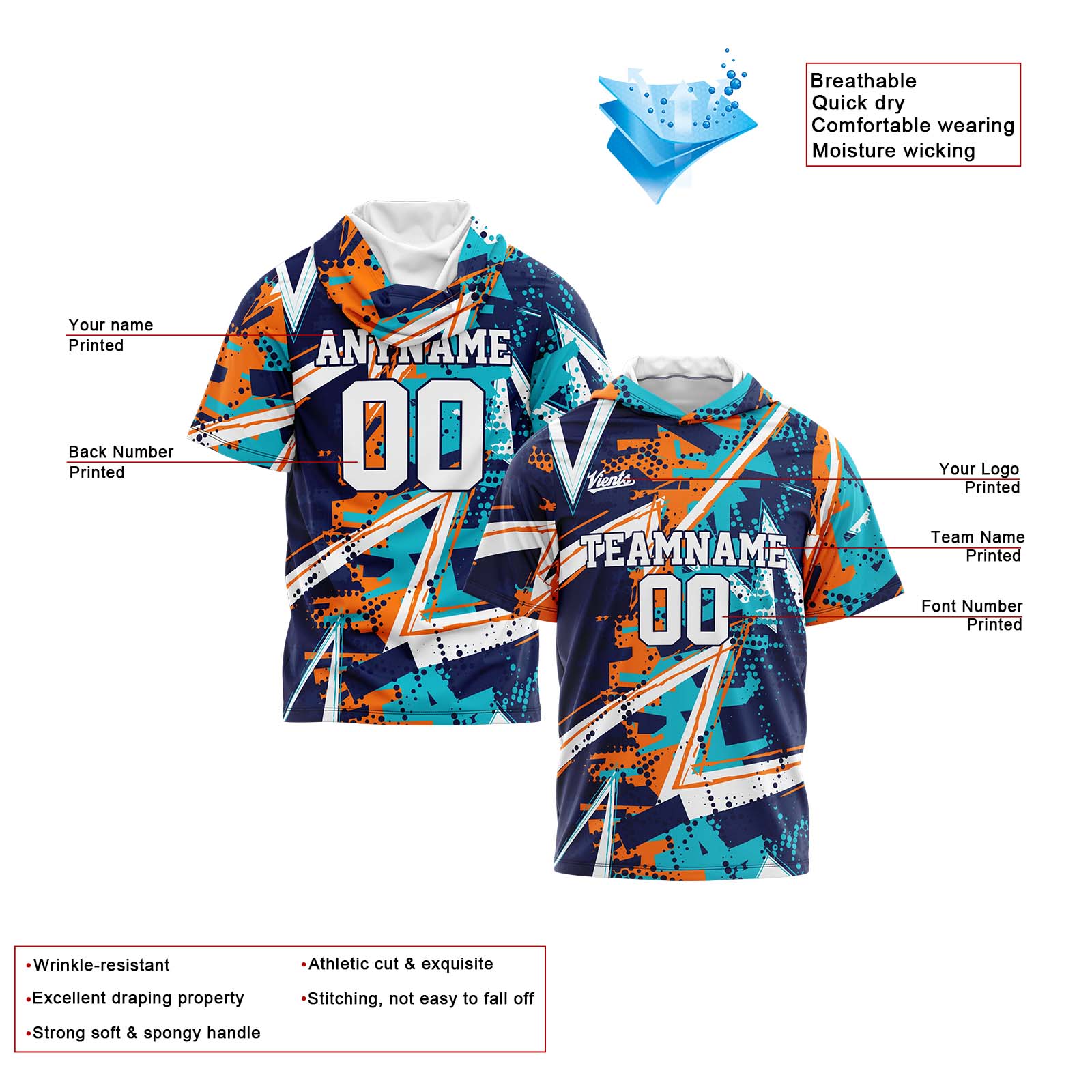 Custom Navy Orange Teal Short Sleeve Hoodies for Men Women Shirts with Hoods Printed Name Logo enthsush