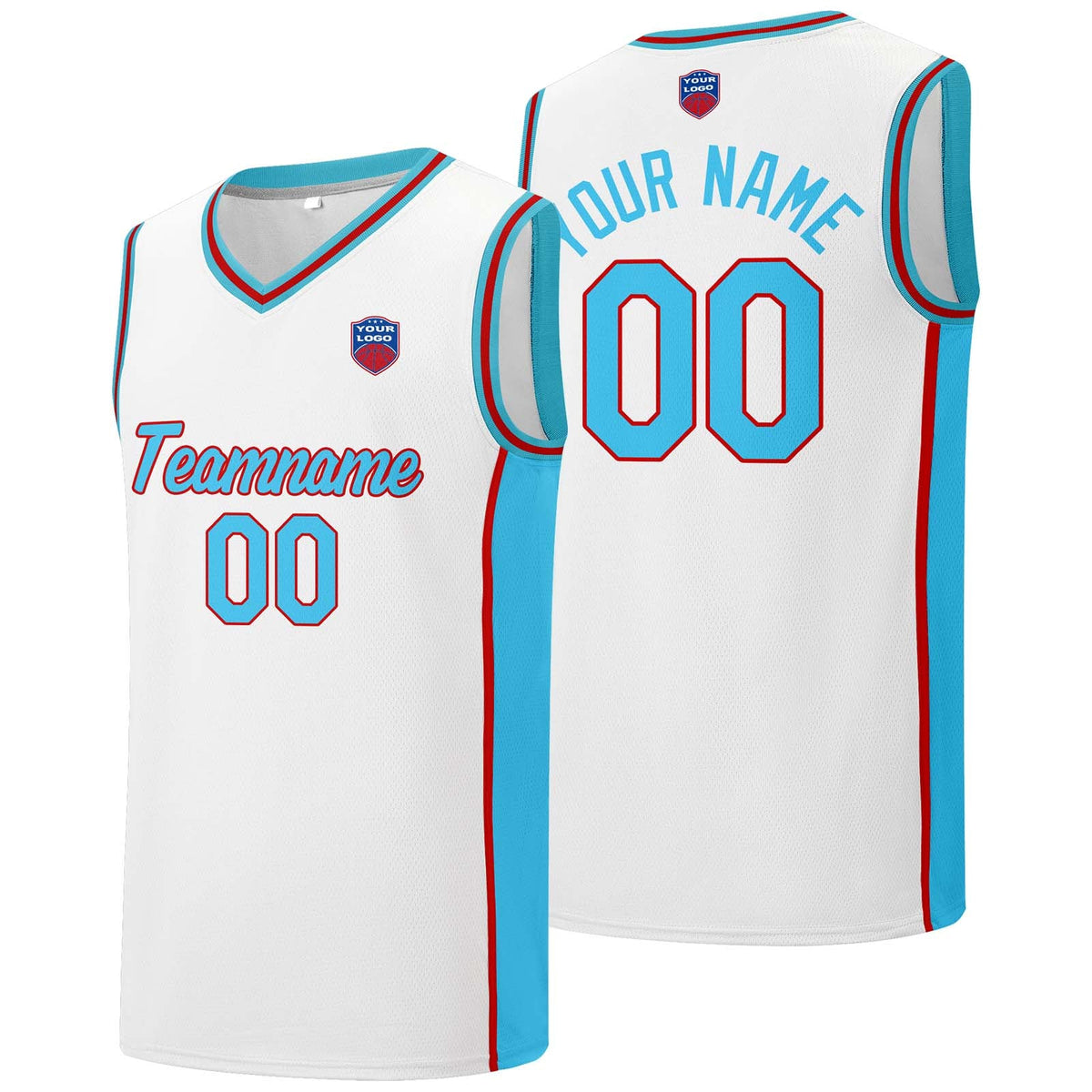 Custom basketball jersey shorts for men and women. Embroidered and printed name, number and logo White&Light Blue&Red enthsush
