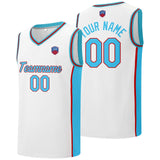 Custom basketball jersey shorts for men and women. Embroidered and printed name, number and logo White&Light Blue&Red