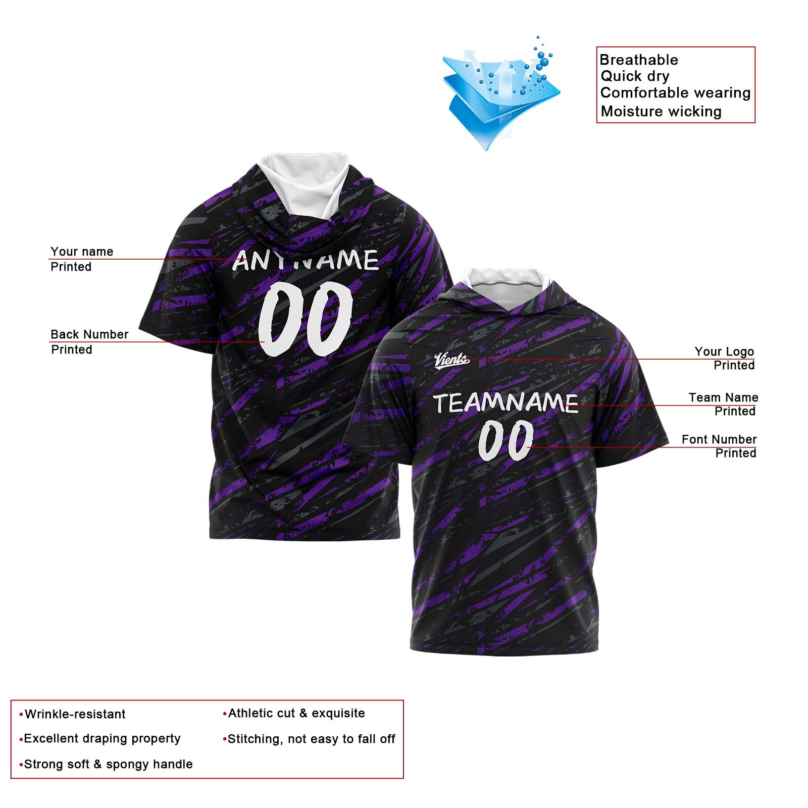 Custom Black Purple Short Sleeve Hoodies for Men Women Shirts with Hoods Printed Name Logo enthsush