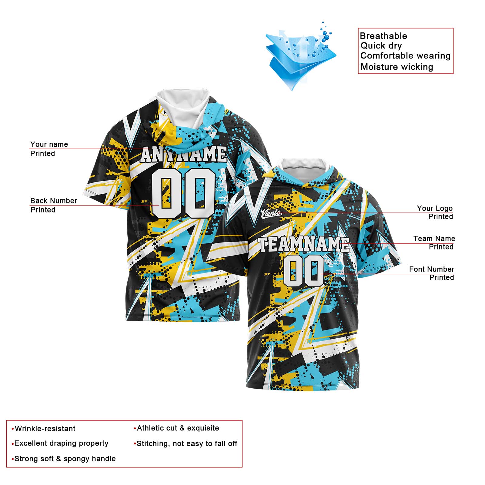 Custom Black Yellow Light Blue Short Sleeve Hoodies for Men Women Shirts with Hoods Printed Name Logo enthsush