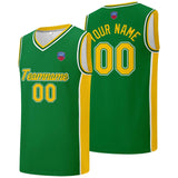 Custom basketball jersey shorts for men and women. Embroidered and printed name, number and logo Green&Yellow