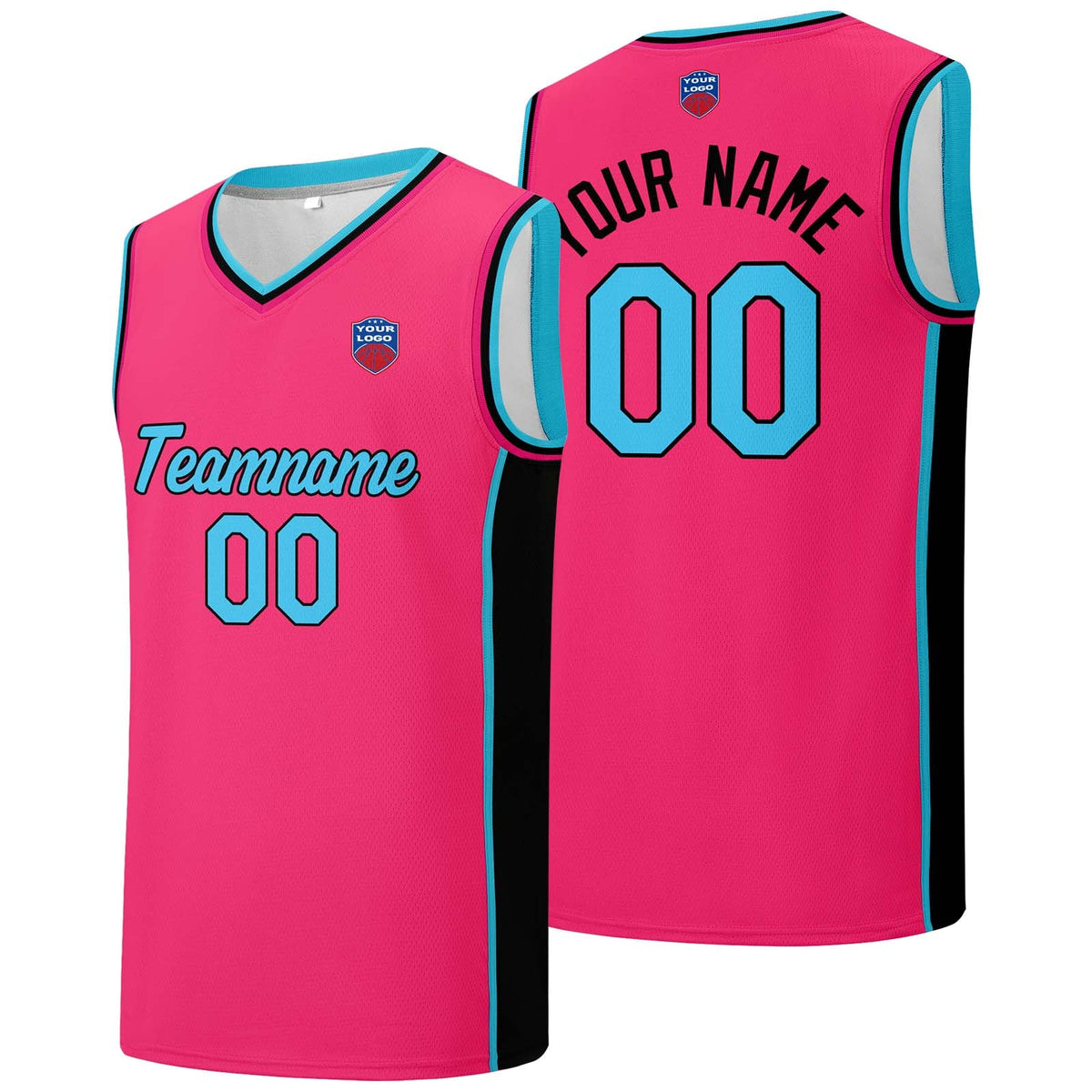 Custom basketball jersey shorts for men and women. Embroidered and printed name, number and logo Pink&Black&Light Blue enthsush