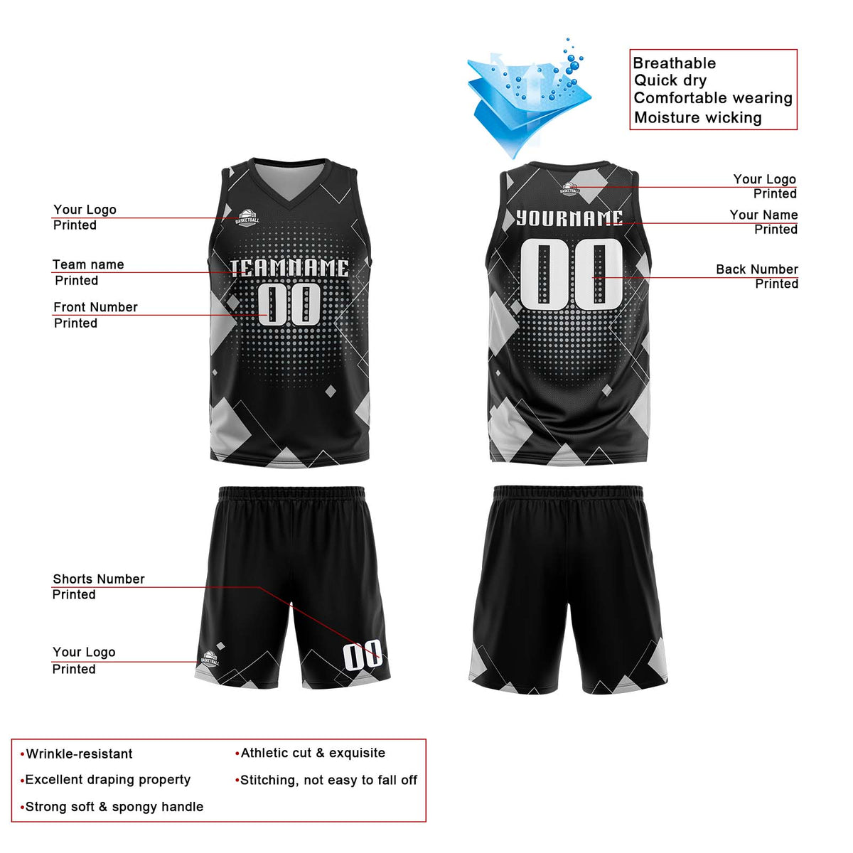 Custom Grey Reversible Basketball Suit for Adults and Kids Personalized Jersey enthsush
