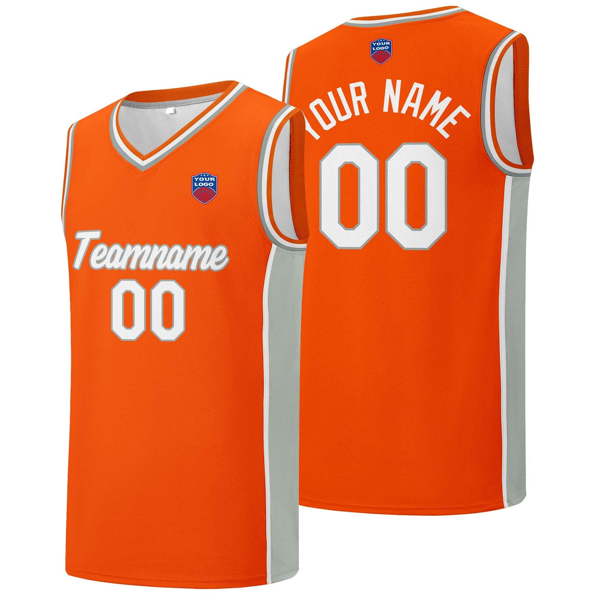 Custom basketball jersey shorts for men and women. Embroidered and printed name, number and logo Orange&Grey enthsush