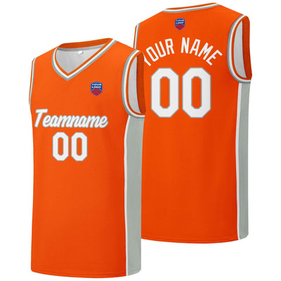 Custom basketball jersey shorts for men and women. Embroidered and printed name, number and logo Orange&Grey enthsush