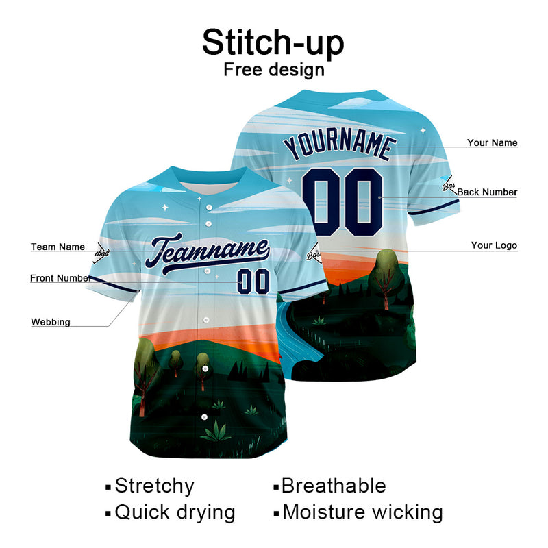 Custom Full Print Design Authentic Baseball Jersey light blue-black-orange