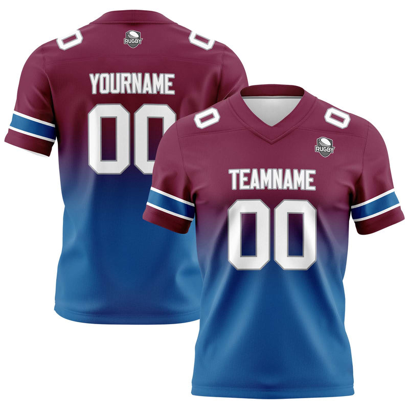 Custom Burgundy Blue Gradient Football Jersey Personalized Football Shirts for Men Women  Printed Team Name Number Logo