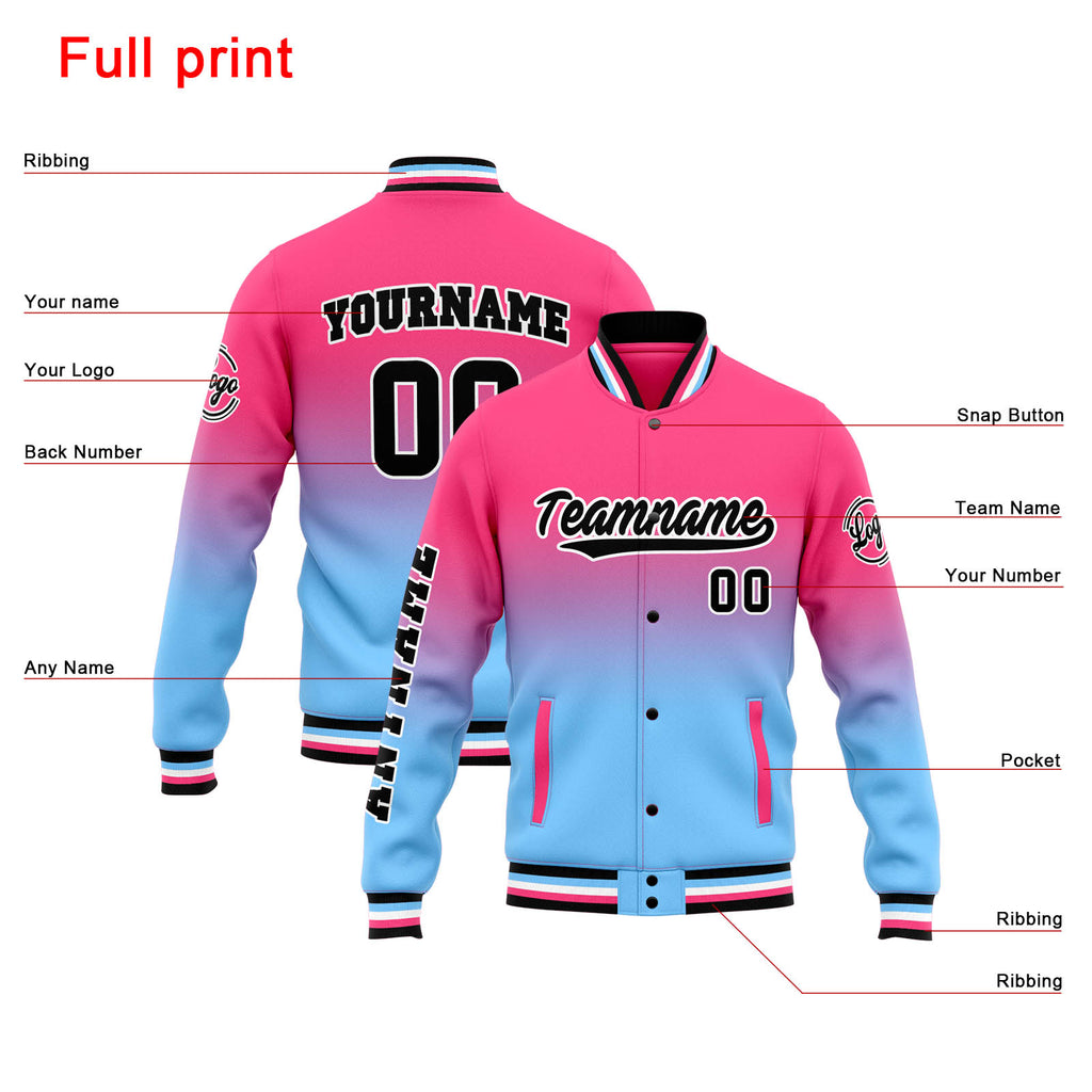 Custom Varsity Jacket Letterman jacket for Men, Women and Youth Pink Light Blue Gradient enthsush