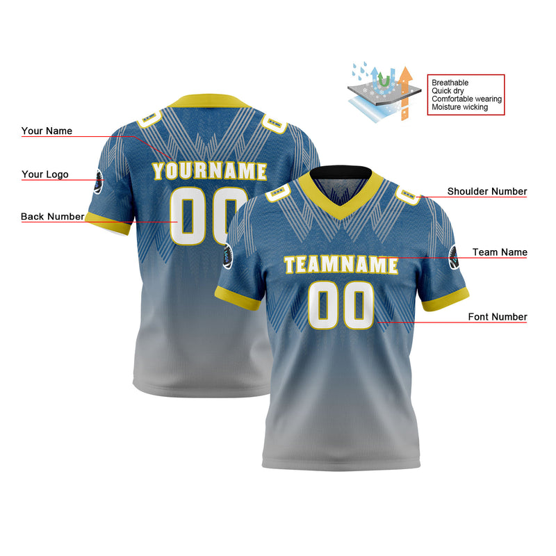 Custom Blue Yellow Reversible Football Jersey Personalized Gradient Football Shirts for Men Printed Team Name Number Logo
