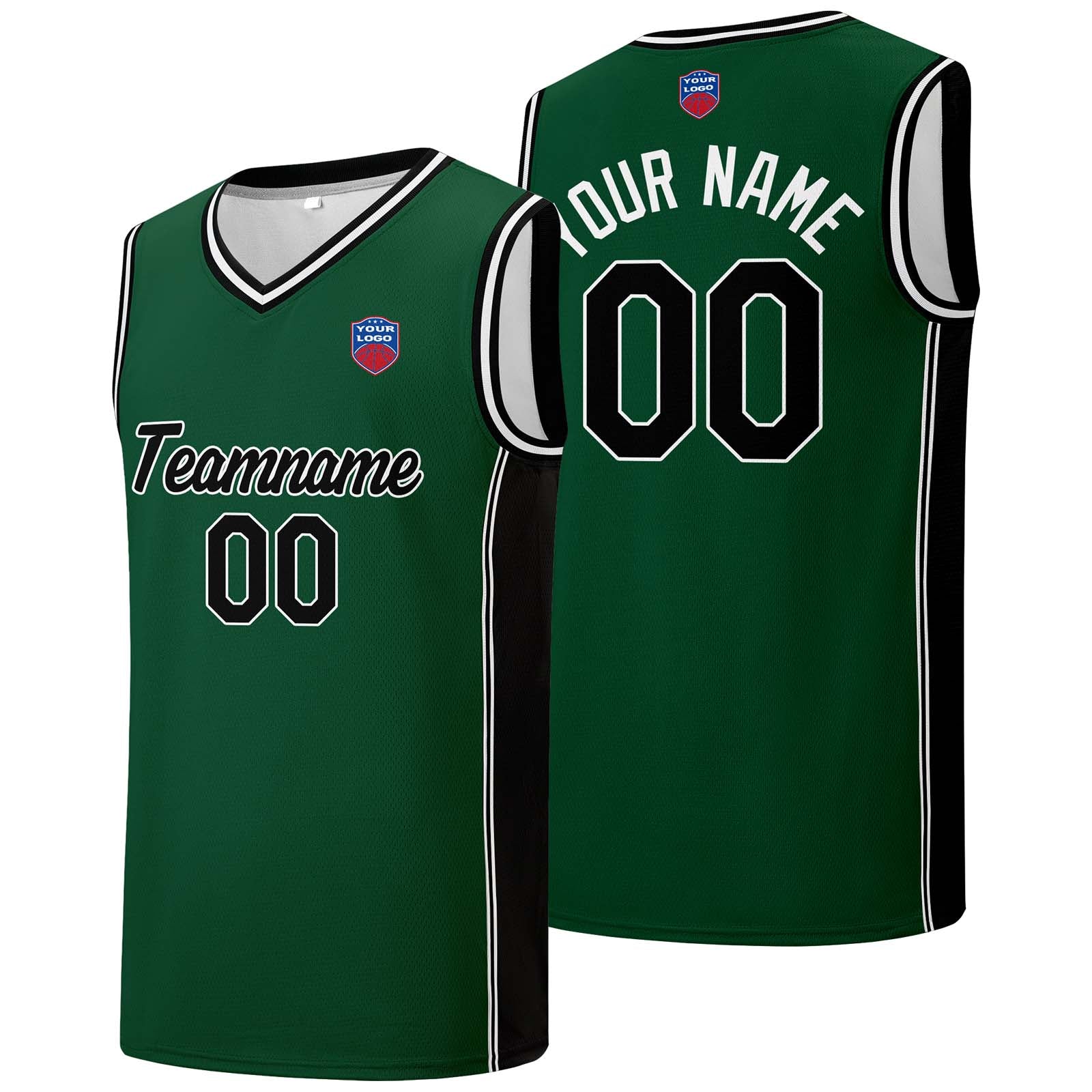 Custom basketball jersey shorts for men and women. Embroidered and printed name, number and logo Dark Green enthsush
