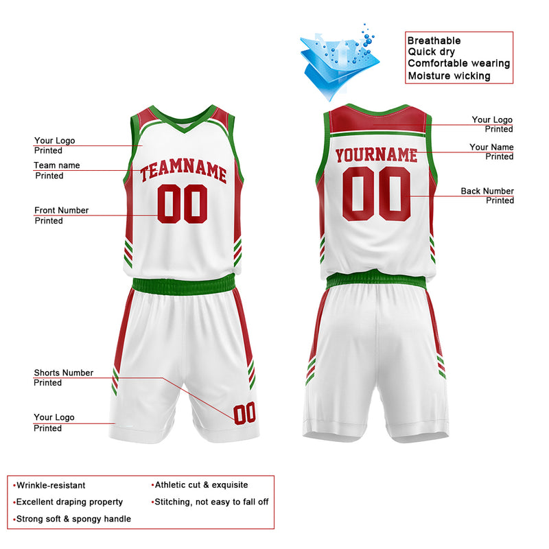 Custom Basketball Jersey Uniform Suit Printed Your Logo Name Number White-Red-Green enthsush