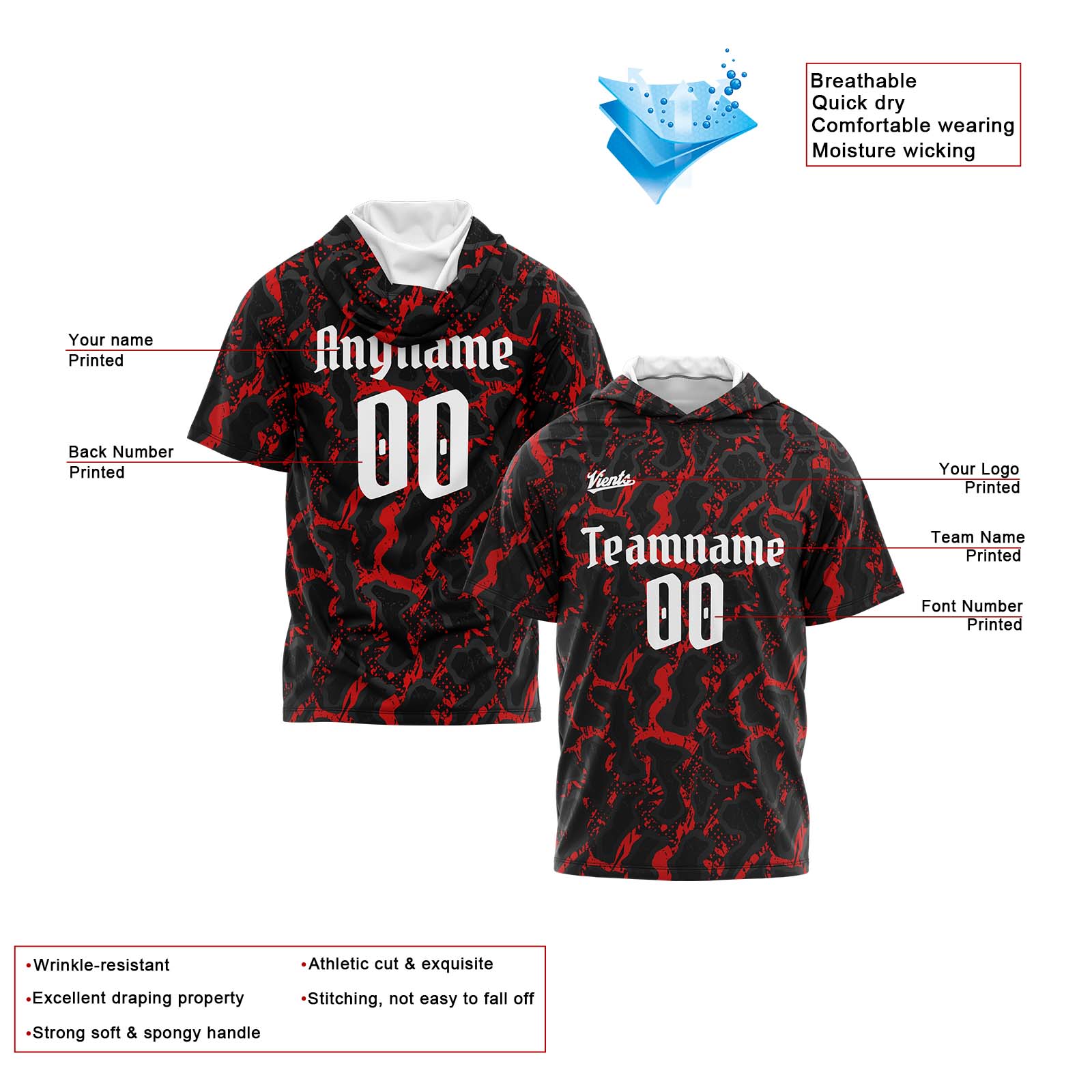 Custom Black Red Short Sleeve Hoodies for Men Women Shirts with Hoods Printed Name Logo enthsush