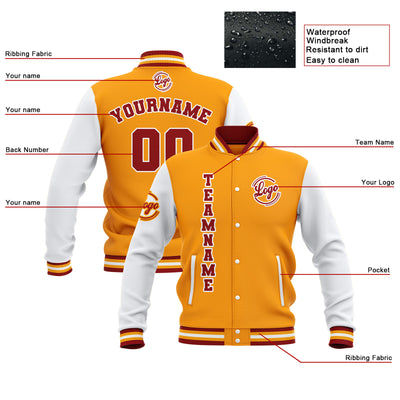 Custom Yellow Red White Waterproof Varsity Jackets Personalized Stitched Name Number Logo to Letterman Jackets enthsush
