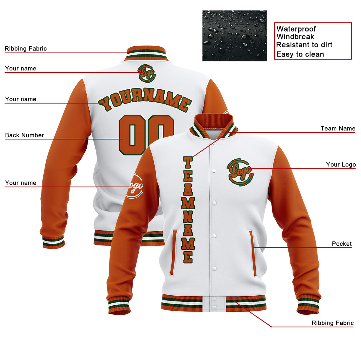 Custom White Orange Waterproof Varsity Jackets Personalized Stitched Name Number Logo to Letterman Jackets enthsush