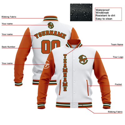 Custom White Orange Waterproof Varsity Jackets Personalized Stitched Name Number Logo to Letterman Jackets enthsush