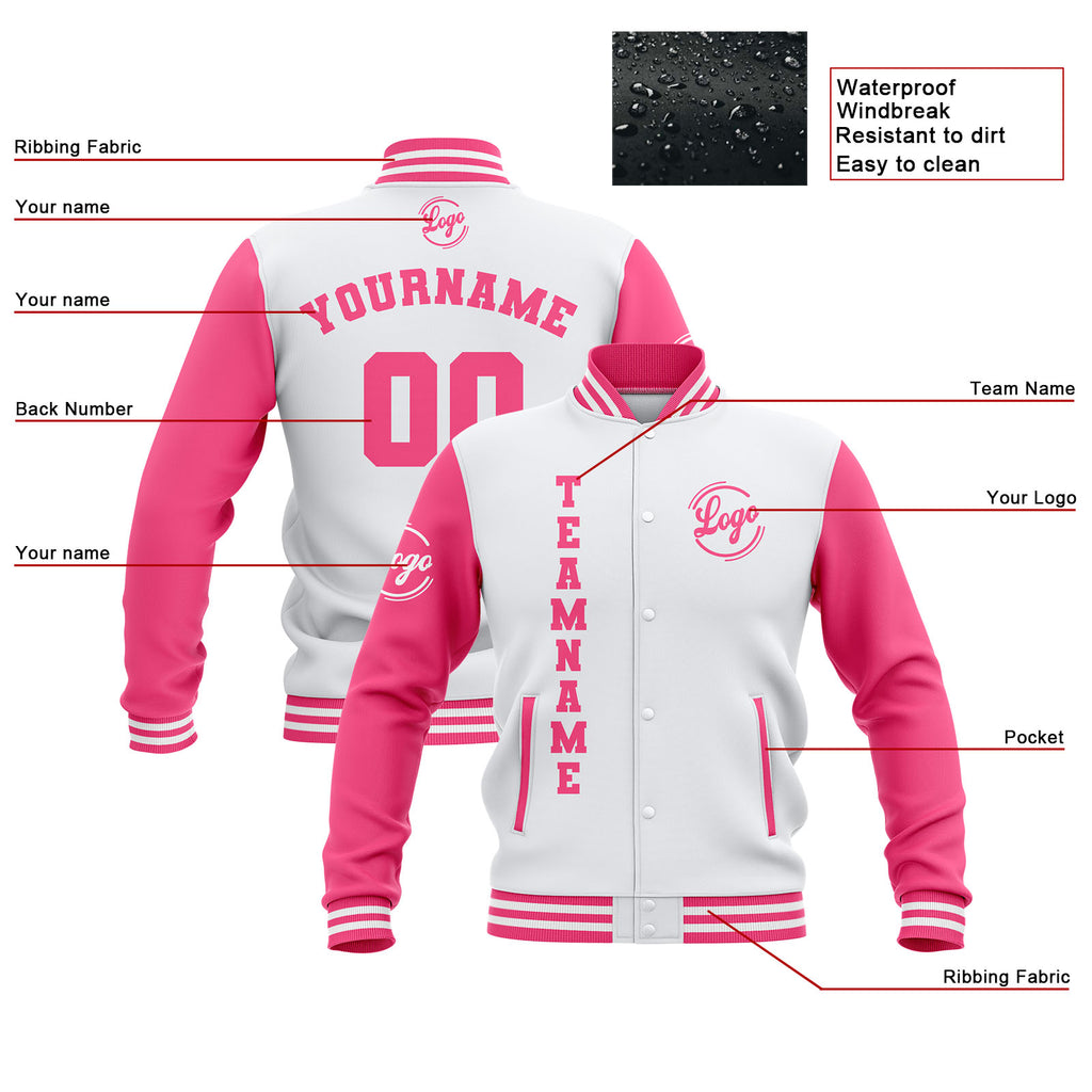 Custom White Pink Waterproof Varsity Jackets Personalized Stitched Name Number Logo to Letterman Jackets enthsush