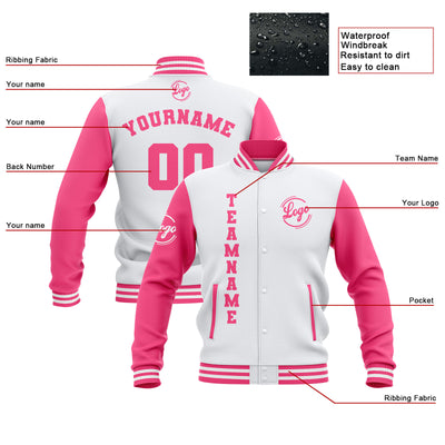 Custom White Pink Waterproof Varsity Jackets Personalized Stitched Name Number Logo to Letterman Jackets enthsush