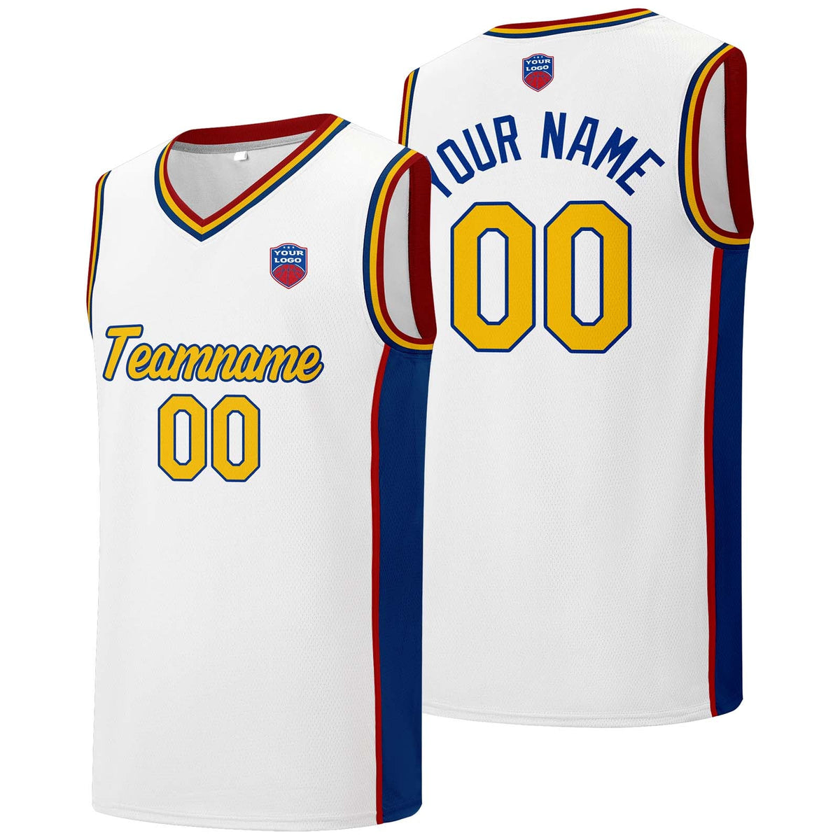 Custom basketball jersey shorts for men and women. Embroidered and printed name, number and logo White&Royal enthsush