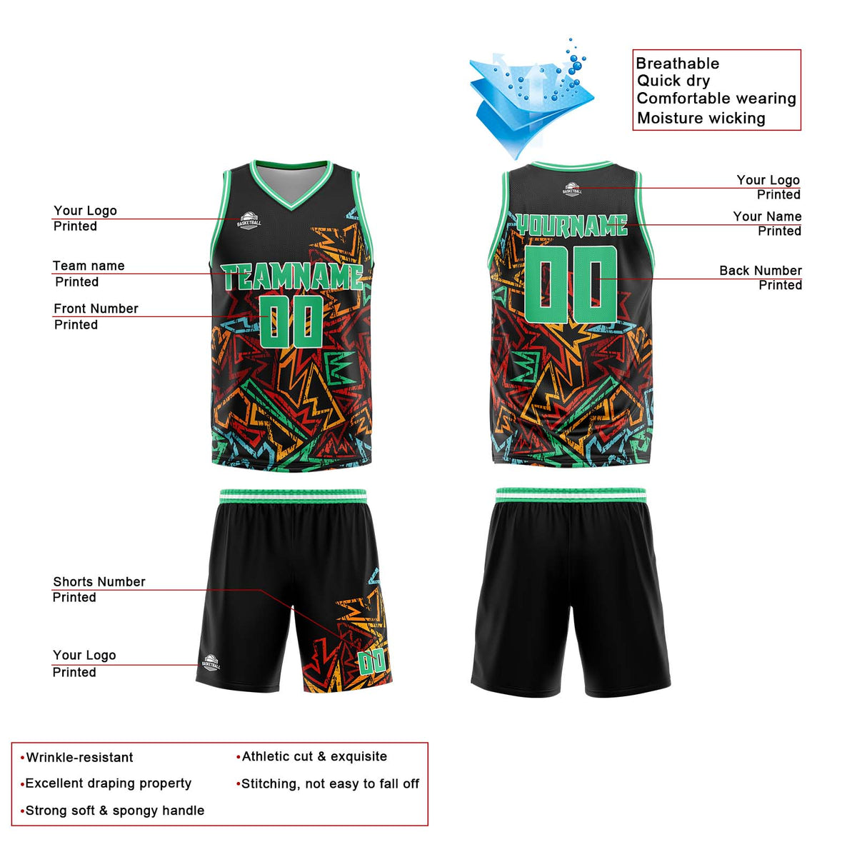 Custom Damaged geometry Green Basketball Jersey Uniform Suit Printed Your Logo Name Number enthsush