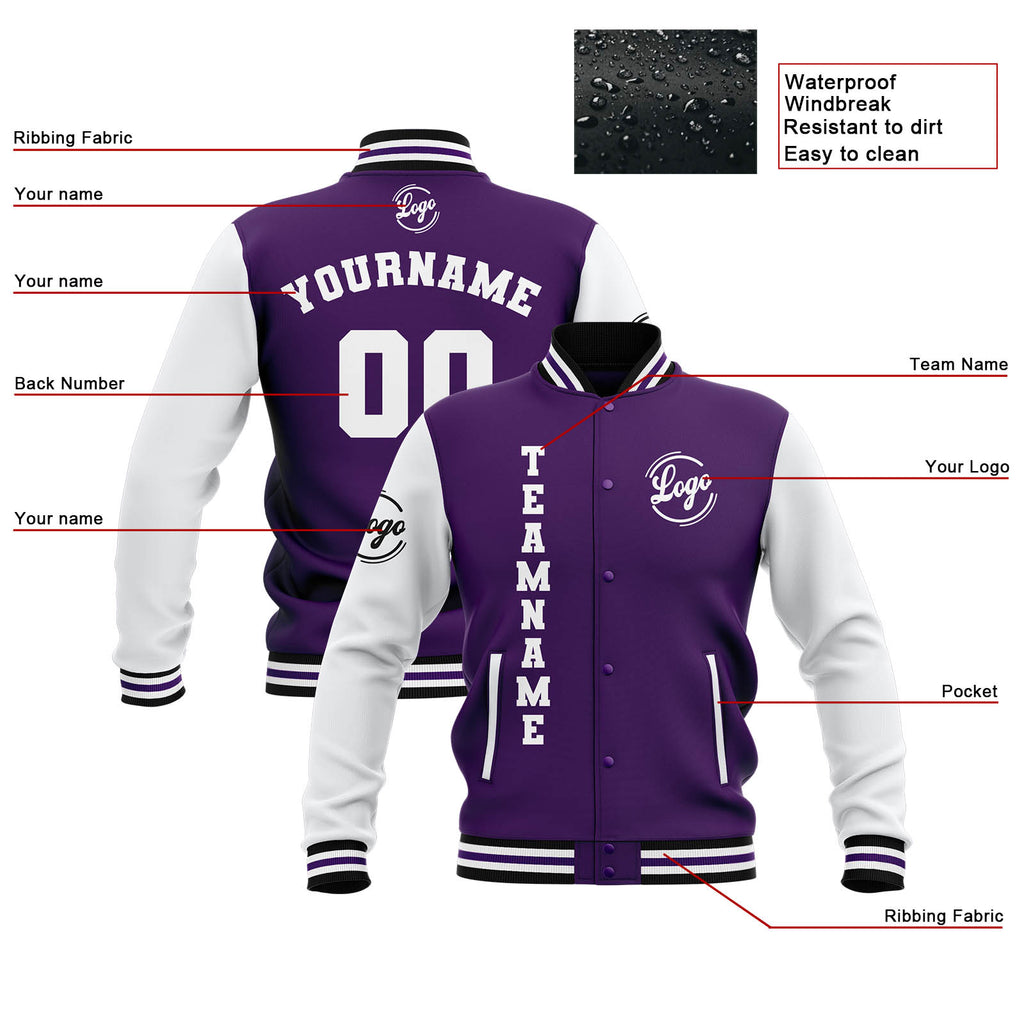 Custom Purple White Black Waterproof Varsity Jackets Personalized Stitched Name Number Logo to Letterman Jackets enthsush