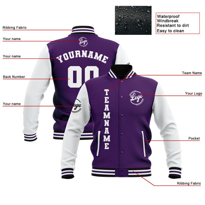 Custom Purple White Black Waterproof Varsity Jackets Personalized Stitched Name Number Logo to Letterman Jackets enthsush