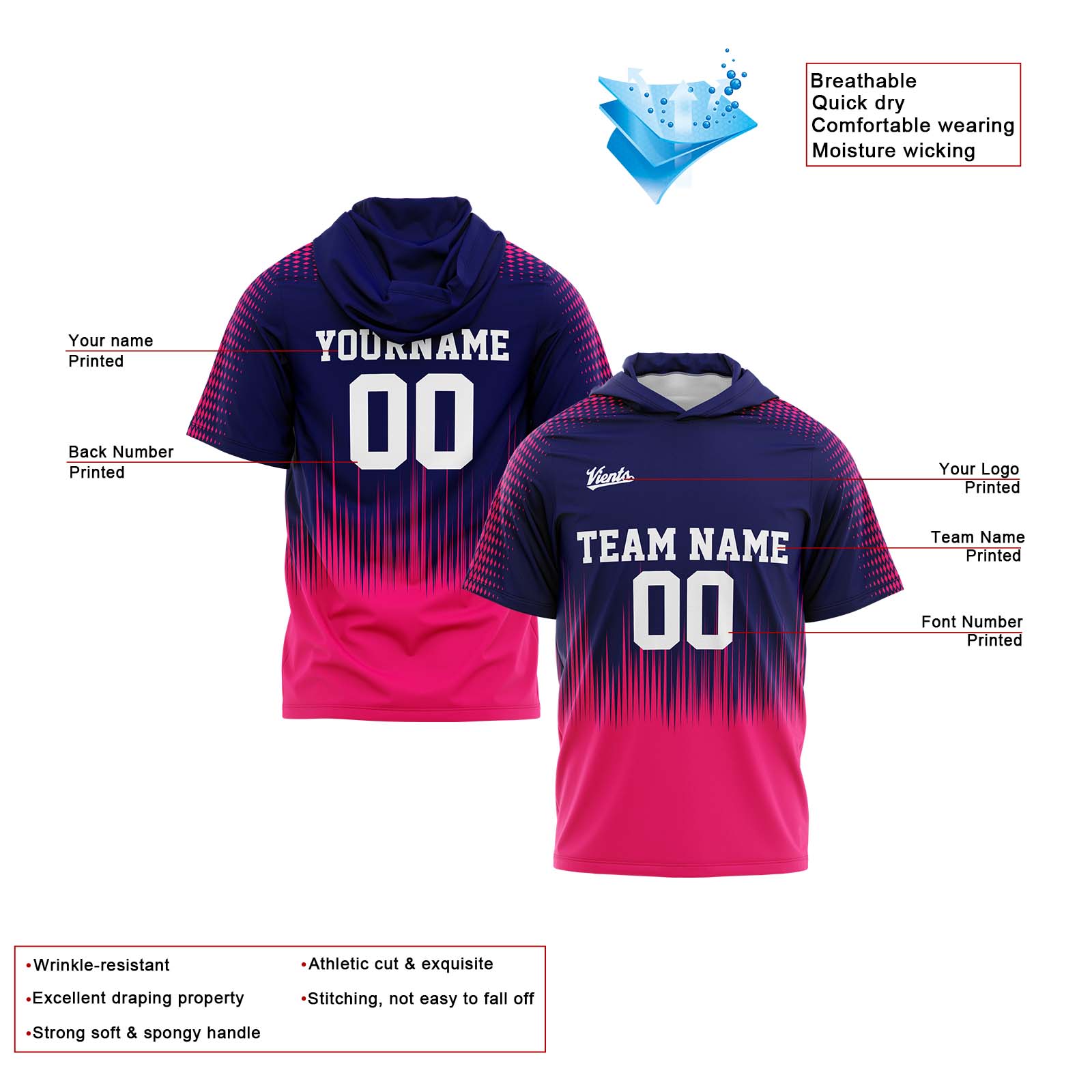 Custom Navy Pink Sleeve Hoodies for Men Women Shirts with Hoods Printed Name Logo enthsush