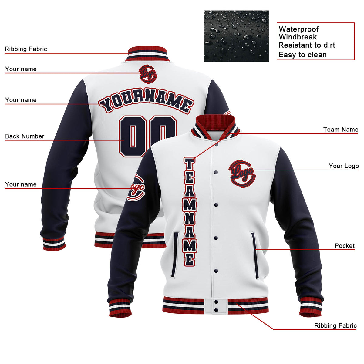Custom White Navy Red Waterproof Varsity Jackets Personalized Stitched Name Number Logo to Letterman Jackets enthsush