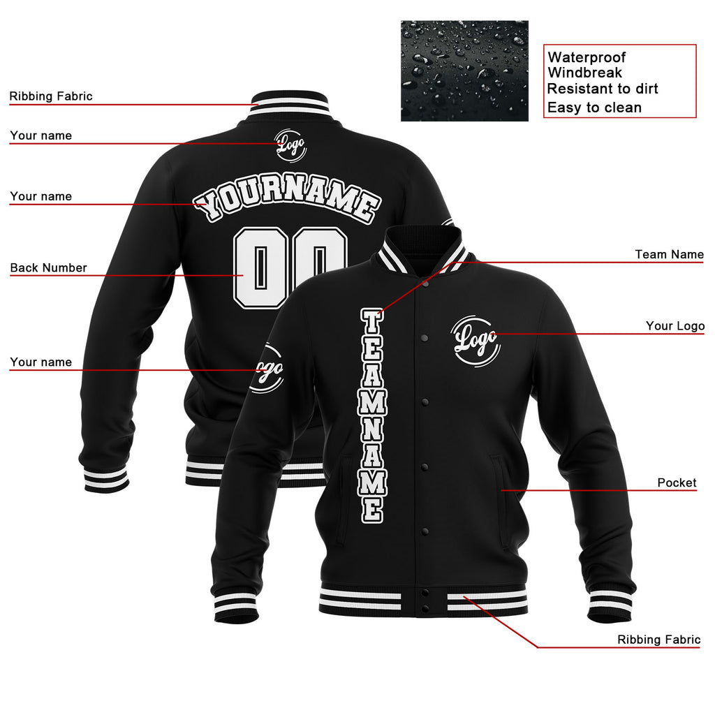 Custom Black White Waterproof Varsity Jackets Personalized Stitched Name Number Logo to Letterman Jackets enthsush