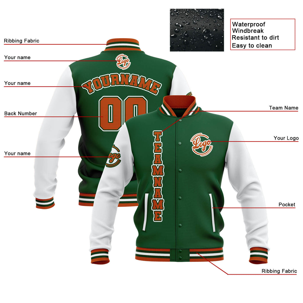 Custom Green White Orange Waterproof Varsity Jackets Personalized Stitched Name Number Logo to Letterman Jackets enthsush