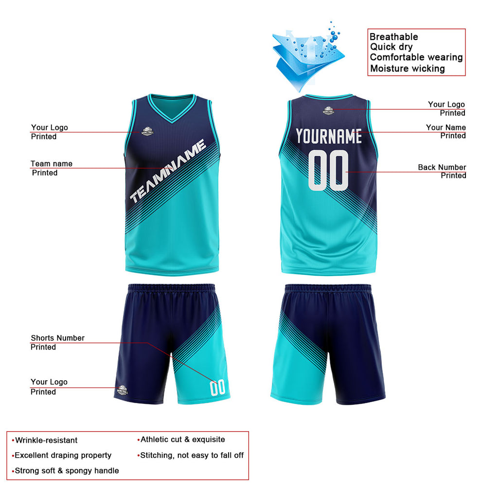 Custom Reversible Basketball Suit for Adults and Kids Personalized Jersey Teal-Navy enthsush