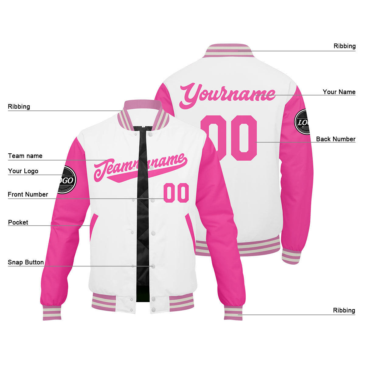 Custom Varsity Jacket Letterman jacket for Men, Women and Youth Pink enthsush