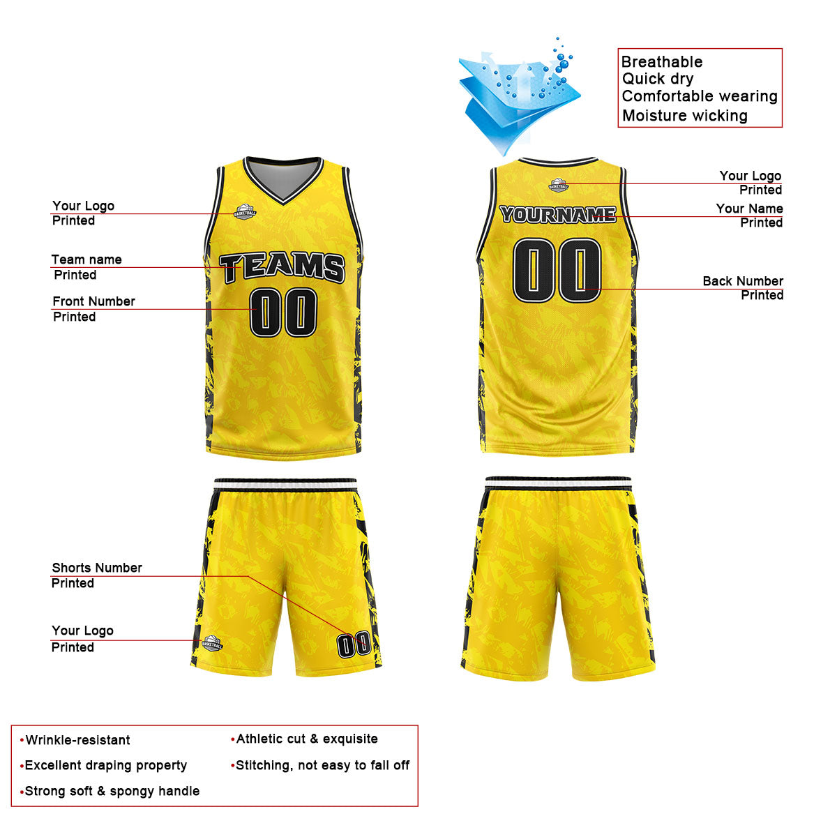 Custom Yellow Reversible Basketball Suit for Adults and Kids Personalized Jersey enthsush