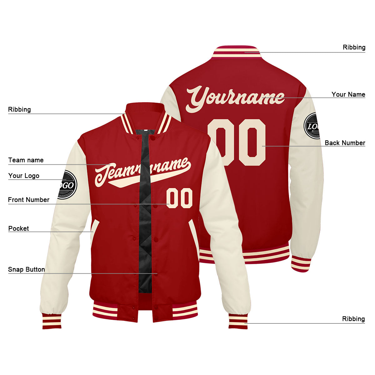 Custom Varsity Jacket Letterman jacket for Men, Women and Youth Red Cream enthsush
