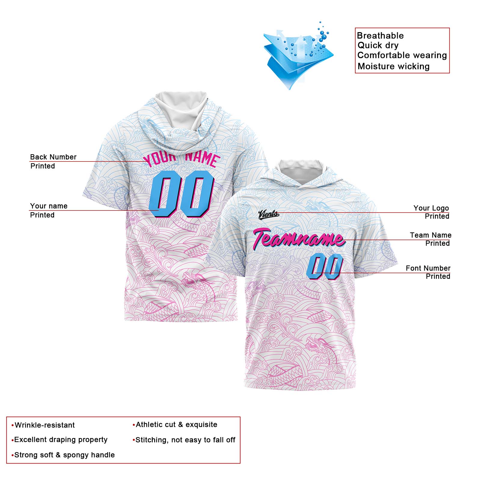 Custom White Pink Light Blue Short Sleeve Hoodies for Men Women Shirts with Hoods Printed Name Logo enthsush