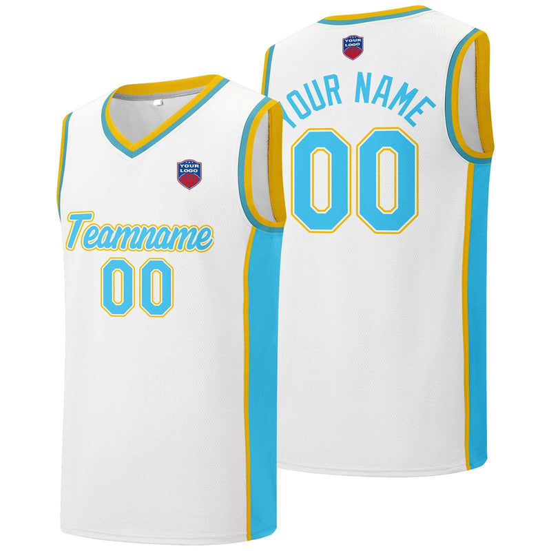 Custom basketball jersey shorts for men and women. Embroidered and printed name, number and logo White&Light Blue