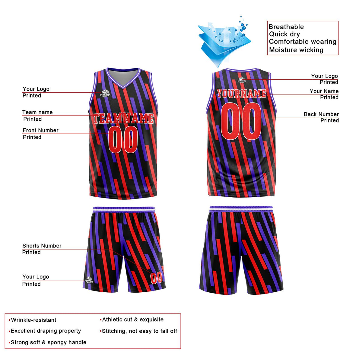 Custom Red Purple Reversible Basketball Suit for Adults and Kids Personalized Jersey enthsush